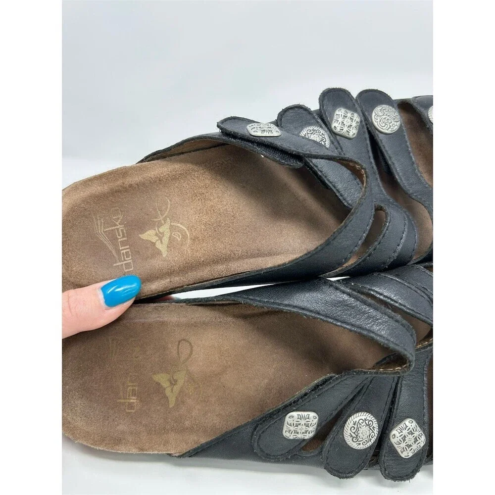 Dansko Black Leather Strappy Silver Medallions Slide Sandals Comfort Cork 41